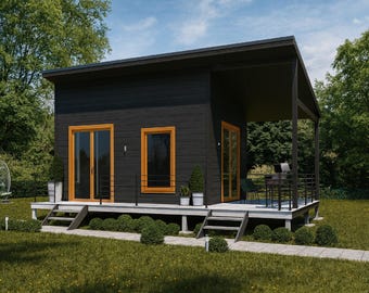 May include: A modern black cabin with a porch and a small deck. The cabin has large windows with wooden frames. The exterior is surrounded by green grass and trees, with a swing chair visible in the background.