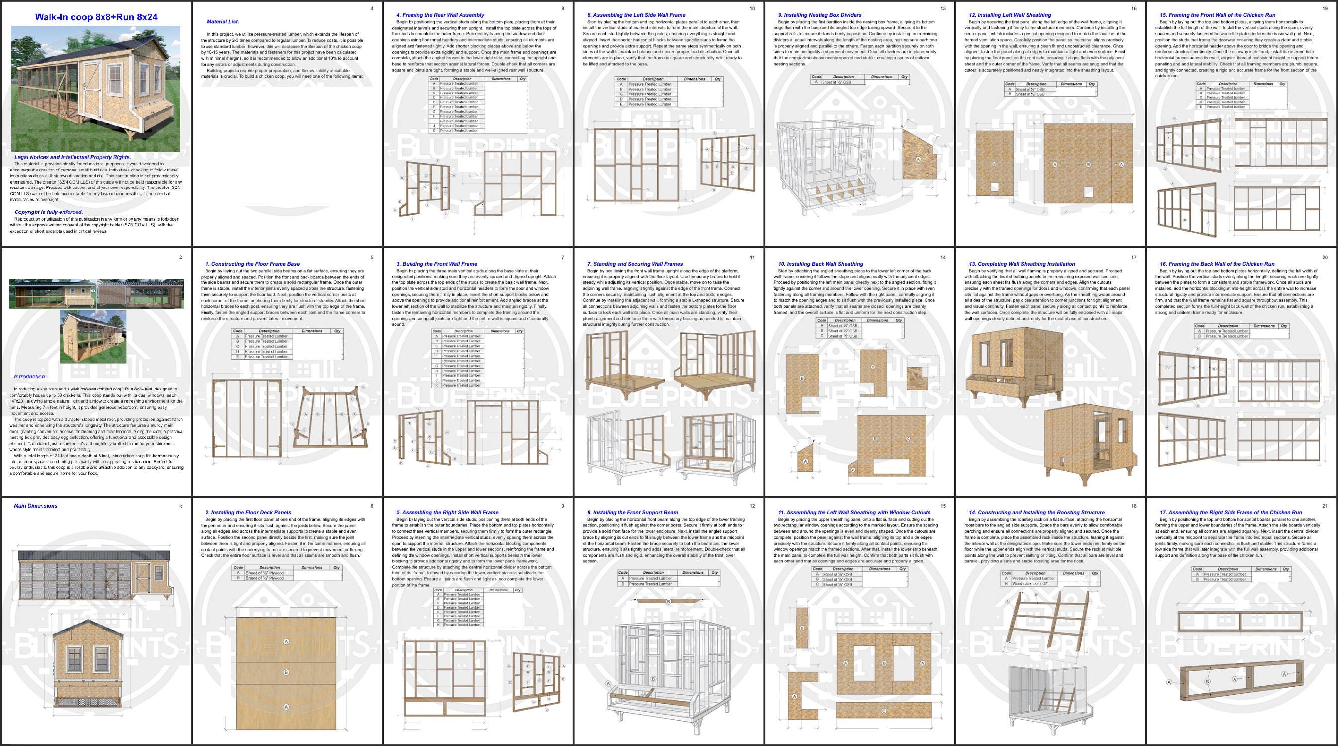 Chicken Coop Plans 8x8 + Run 8x24 | DIY Walk-in Hen House | Backyard ...