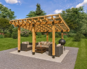 DIY Wooden Pergola 12x14 | Backyard Patio Roof & Outdoor Lounge | Printable Modern Pavilion PDF Plans