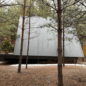 May include: A-frame cabin with a corrugated metal roof, nestled among pine trees. A Christmas tree is visible in the background. The cabin sits on a dark wooden deck, with firewood stored underneath. The ground is covered in fallen leaves and a dusting of snow.