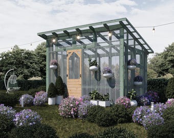 May include: A green wooden greenhouse with a clear roof and walls, featuring a wooden door and hanging planters with purple flowers. The greenhouse is surrounded by lush greenery, including bushes with purple and blue flowers, and a hanging chair.