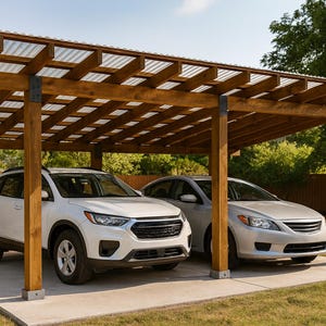 May include: A wooden carport with a slatted roof shelters two cars, one white and one silver. The carport has a concrete base and is supported by wooden posts. The cars are parked on a concrete pad, in a garden.