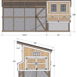 The image is a detailed architectural drawing of a chicken coop, including measurements and dimensions. The drawing provides a comprehensive view of the structure, including the roof, walls, and windows. The estimated total material cost for the chicken coop is $2.5-3.3k, which includes lumber, roofing, windows, and hardware. The image is a collage of multiple images, and the text is concise and avoids redundancy, focusing on providing accurate information about the chicken coop design.