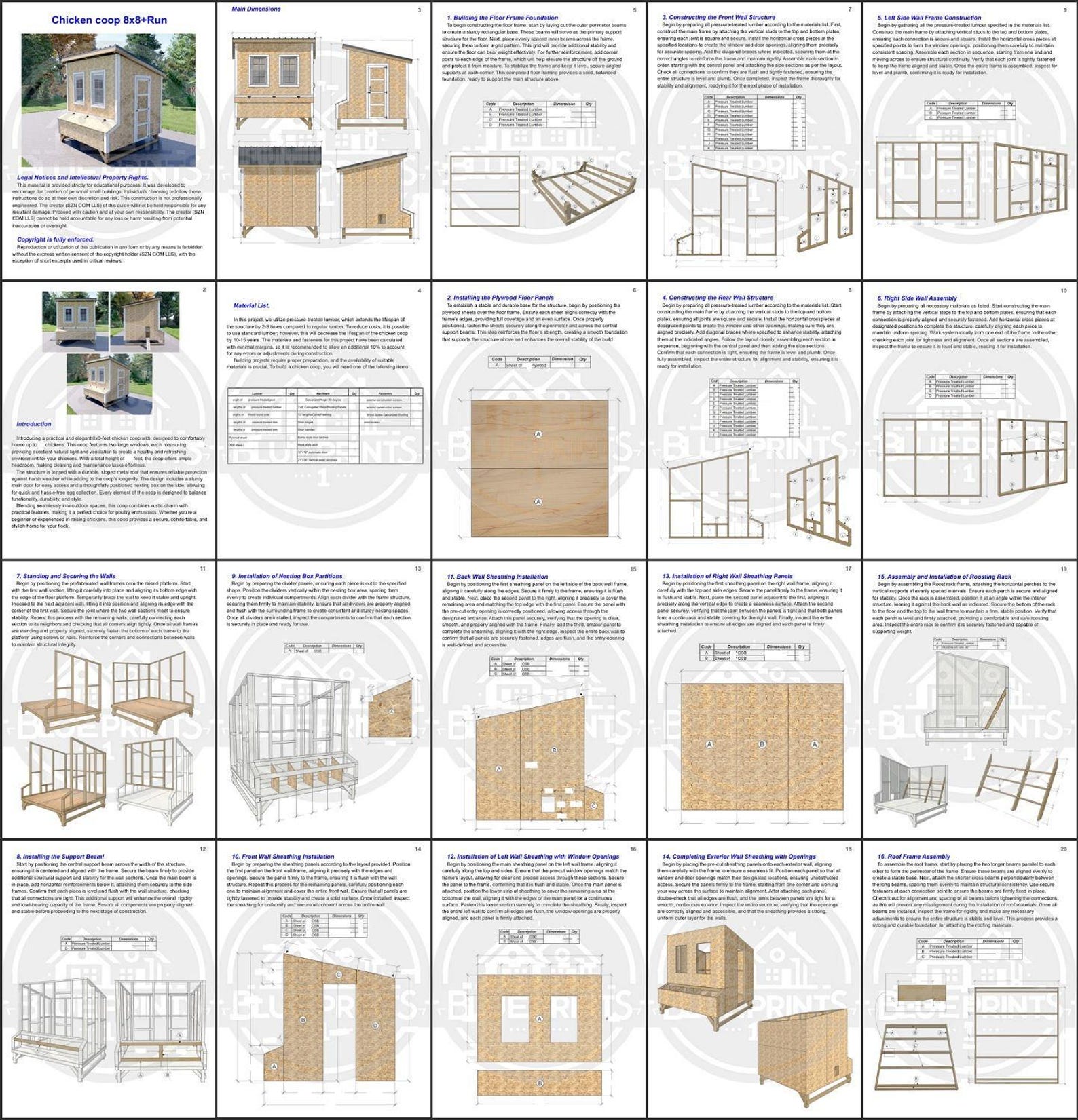 Chicken Coop Plans 8x8 | DIY Wooden Hen House | Single-pitched Roof PDF ...