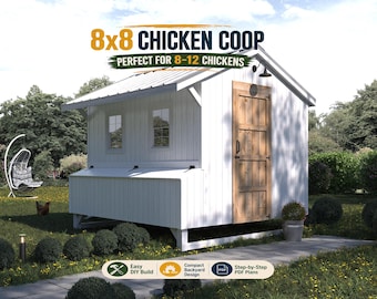 8x8 Chicken Coop Plans, Backyard Hen House Design (PDF)