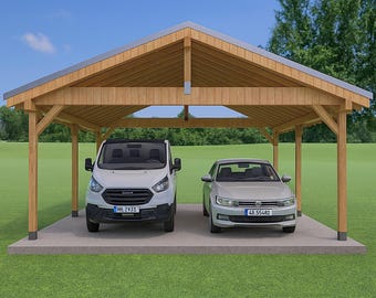 May include: A wooden carport with a gabled roof, sheltering a white van and a silver car. The structure is made of light-colored wood and has a concrete base, set against a green lawn and blue sky.