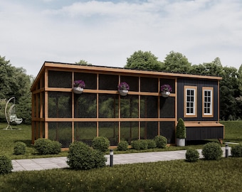 May include: A large, wooden chicken coop with a black roof and walls, featuring a wire mesh enclosure. The coop has a natural wood frame and is adorned with hanging flower pots. The structure is set in a grassy area with a paved walkway.
