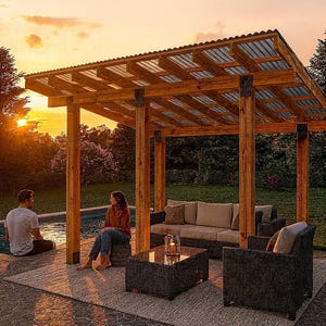 May include: A wooden pergola with a corrugated metal roof provides shade over outdoor furniture. The seating area includes a sofa, two armchairs, and a coffee table. The scene is bathed in the warm light of a sunset.