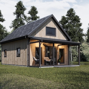 Houten loft-plattegronden hout – 21 x 29 modern houten huis met twee verdiepingen, vide en terras, gezellige blauwdruk voor doe-het-zelf klein huis, pdf, direct downloaden