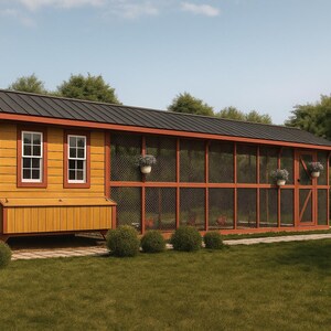 May include: A large, yellow and brown chicken coop with a black roof. The coop has multiple windows and a screened-in run. Hanging flower baskets adorn the exterior. The coop is set on a grassy lawn.