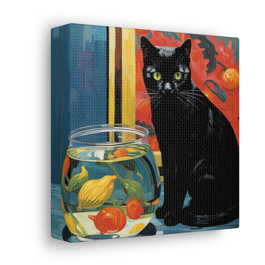Mystical Companions: Black Cat and Fish Bowl Canvas Illustration - Etsy