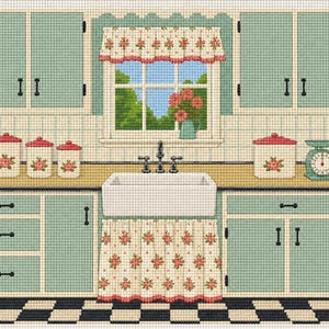 May include: A cross-stitch pattern depicting a kitchen scene with light green cabinets, a white farmhouse sink, and a window featuring a floral valance. The counter holds three canisters, a larger jar, and a green scale, all with floral accents.