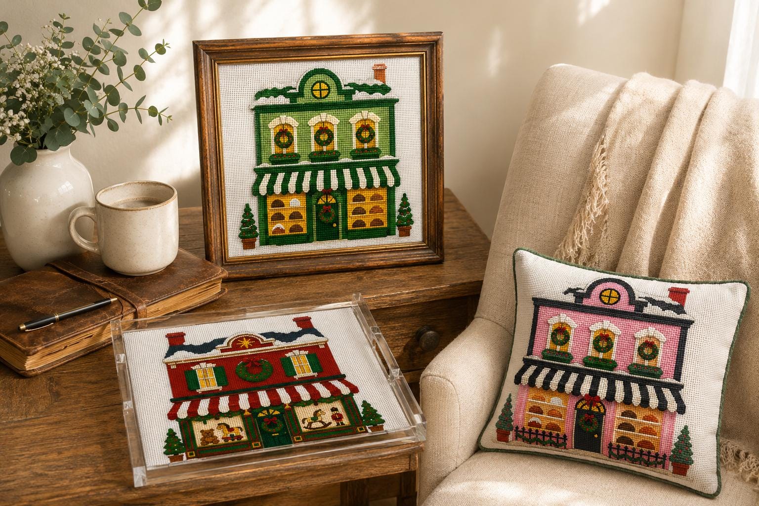 Christmas Village Needlepoint Canvas Collection, Individual Holiday Houses or Panoramic Christmas Town