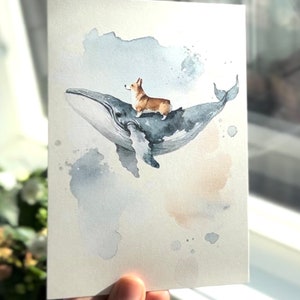 Corgi and Whale postcard: dreamlike and imaginative scenario