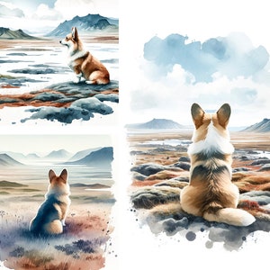 Corgi en Islande : 3 peintures imprimables numériques