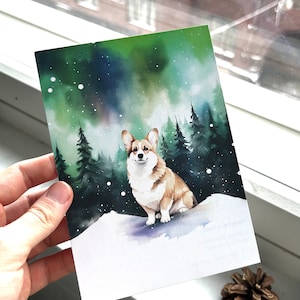 Cartolina Welsh Corgi Pembroke con aurora boreale - Stile acquerello