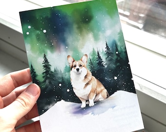 Welsh Corgi Pembroke Postcard with Northern Lights - Watercolour style