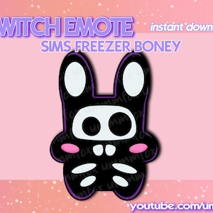 May include: A black and white cartoon bunny with a skull-like face and skeleton details, with pink cheeks. The image includes the text "TWITCH EMOTE SIMS FREEZER BONEY instant download!" on a pink background with a glitter effect.