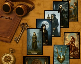 May include: A set of tarot cards featuring illustrated figures and symbols, accompanied by brass-colored goggles, a vintage-style pocket watch, a metal key, and a brown book with the text MECHAN visible on the cover, all arranged on a map background.