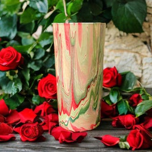 Red and Green Swirls Vase - Marble-Style Painted Glass – Unique Floral Centerpiece