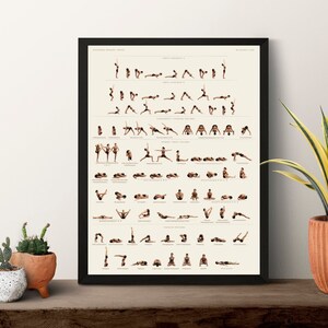 May include: A black framed poster with a white background featuring a chart of yoga poses. The chart includes illustrations of a person performing each pose, along with the name of the pose in black text.