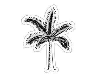 May include: Black and white line drawing of a palm tree with a single trunk and multiple fronds.