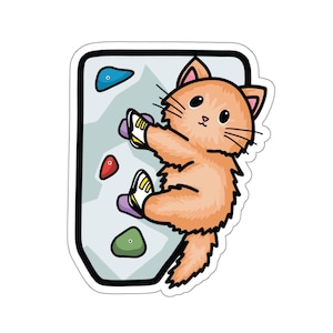 Puede incluir: Una ilustración de dibujos animados de un gato naranja con zapatos de escalada y escalando una pared de roca. El gato lleva zapatos de escalada morados y amarillos y tiene una expresión feliz en su rostro.