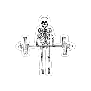 May include: A black and white line drawing of a skeleton lifting a barbell. The skeleton is wearing a skull and crossbones shirt.