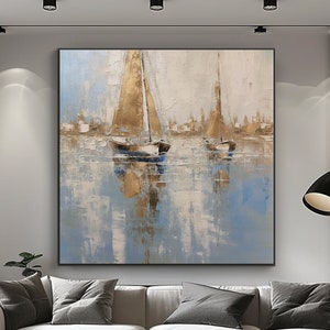 Peinture bateaux et mer, 100 % peint à la main, Tableau texturé, Peinture à l'huile abstraite acrylique, Décoration murale de salon, Art mural de bureau image 1