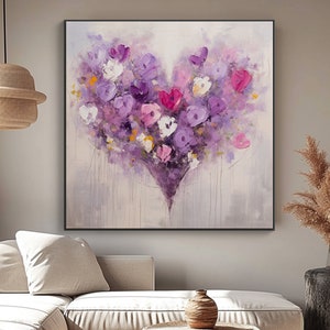 Coração, Coração de Flor, 100% pintado à mão, Pintura Texturizada, Pintura a Óleo Abstrata em Acrílico, Decoração de Parede para Sala de Estar, Arte de Parede para Escritório