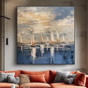 Barcos, veleros, paisaje marino, 100 % pintado a mano, pintura texturizada, pintura acrílica abstracta al óleo, decoración de pared para sala de estar, arte de pared para oficina