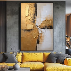 Gold and White Oil Painting, 100% Hand Painted, Textured Painting, Acrylic Abstract Oil Painting, Wall Decor Living Room, Office Wall Art