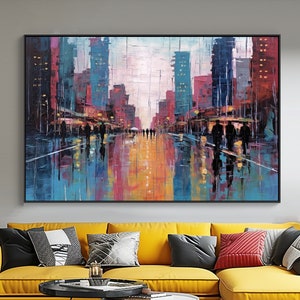 Een dag in de stad-schilderij, 100% handgeschilderd, getextureerd schilderij, abstract acrylolieverfschilderij, muurdecoratie woonkamer, kantoormuurkunst