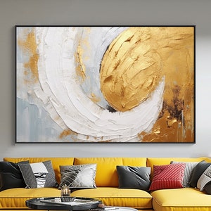 White Stroke In The Gold, 100% Hand Painted, Textured Painting, Acrylic Abstract Oil Painting, Wall Decor Living Room, Office Wall Art
