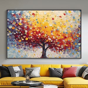 Farbiger Baum, Blätter fallen, 100% handgemalt, strukturierte Malerei, abstraktes Ölgemälde, Wanddekor Wohnzimmer, Bürowandkunst