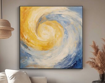 Hurricane, Yellow, Blue, Swirl, 100% Hand Painted, Textured Painting, Acrylic Abstract Oil Painting, Wall Decor Living Room, Office Wall Art