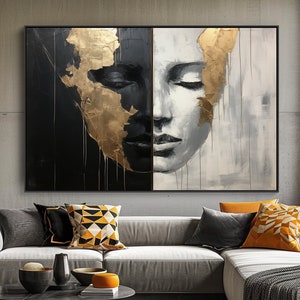 Abstract Face Art, Black, Gold, 100% Hand Painted, Textured Painting, Acrylic Abstract Oil Painting, Wall Decor Living Room, Office Wall Art