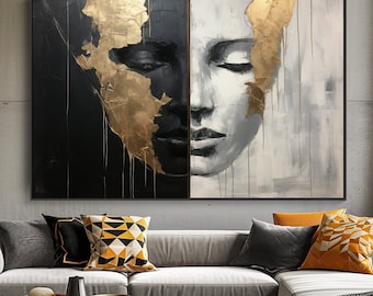 Abstract Face Art, Black, Gold, 100% Hand Painted, Textured Painting, Acrylic Abstract Oil Painting, Wall Decor Living Room, Office Wall Art