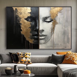 Abstract Face Art, Black, Gold, 100% Hand Painted, Textured Painting, Acrylic Abstract Oil Painting, Wall Decor Living Room, Office Wall Art