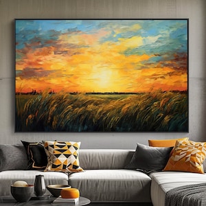 Sunset in Wheat Field, 100% Hand Painted, Textured Painting, Acrylic Abstract Oil Painting, Wall Decor Living Room, Office Wall Art