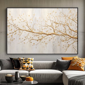 Golden Tree Branches, 100% Hand Painted, Textured Painting, Acrylic Abstract Oil Painting, Wall Decor Living Room, Office Wall Art
