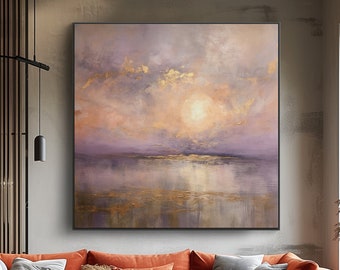 Blick auf das Meer bei Sonnenuntergang und goldene Akzente, 100% handgemalt, strukturierte Malerei, abstraktes Ölgemälde, Wanddekor Wohnzimmer