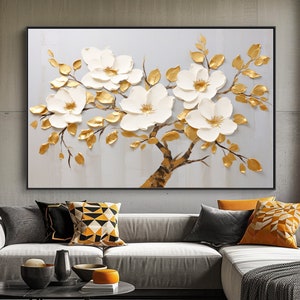 White Flower, Gold, 100% Hand Painted, Textured Painting, Acrylic Abstract Oil Painting, Wall Decor Living Room, Office Wall Art
