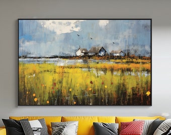 Rural River at Sunset, Poppy Flower, 100% Hand Painted, Textured Painting, Acrylic Abstract Oil Painting, Wall Decor Living Room