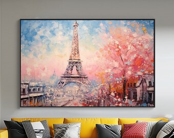 Tour Eiffel, Rose, France, 100 % peint à la main, Tableau texturé, Peinture à l'huile abstraite acrylique, Décoration murale de salon, Art mural de bureau