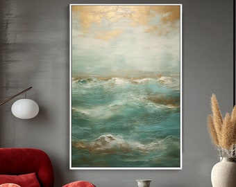 Large Blue Ocean, Gold Leaf, 100% Hand Painted, Textured Painting, Acrylic Abstract Oil Painting, Wall Decor Living Room, Office Wall Art