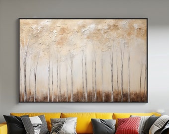 Forêt, Arbres dorés, 100 % peint à la main, Tableau texturé, Peinture à l'huile abstraite acrylique, Décoration murale de salon, Art mural de bureau