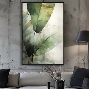Tropical Green Leaves, 100% Hand Painted, Textured Painting, Acrylic Abstract Oil Painting, Wall Decor Living Room, Office Wall Art