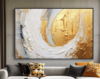 Gold and White Painting, 100% Hand Painted, Textured Painting, Acrylic Abstract Oil Painting, Wall Decor Living Room, Office Wall Art