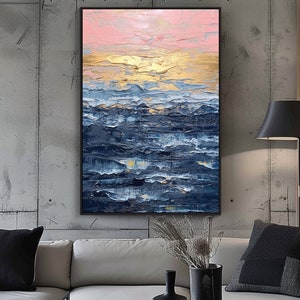 Sea, Gold Foil, Pink, 100% Hand Painted, Textured Painting, Acrylic Abstract Oil Painting, Wall Decor Living Room, Office Wall Art